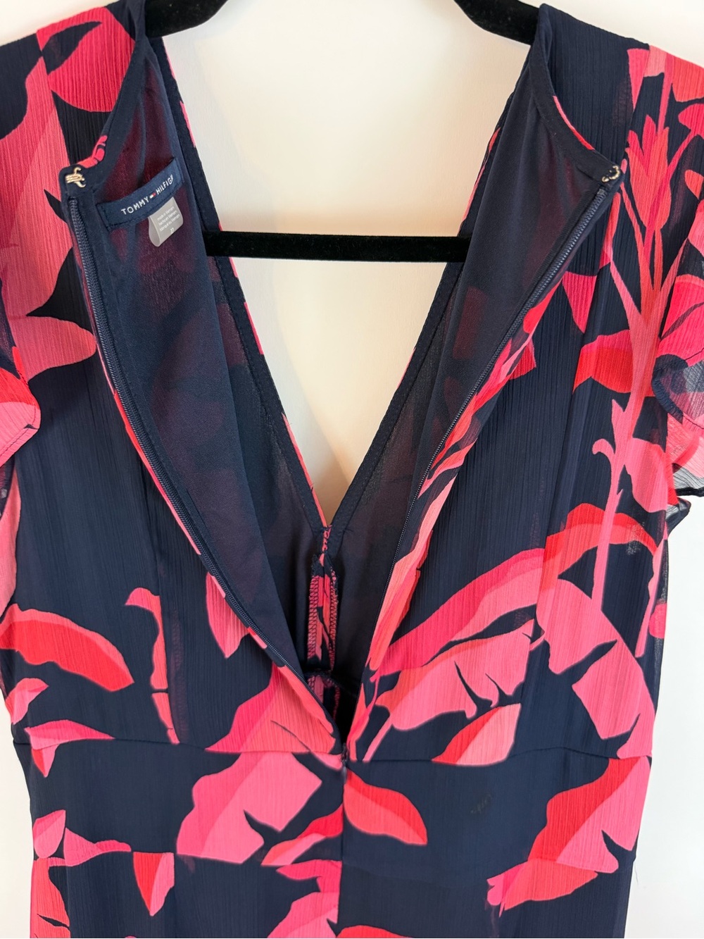 Tommy Hilfiger Floral Print Ruffle Sleeve Dress Navy Pink Red Size 12 - Picture 7 of 9